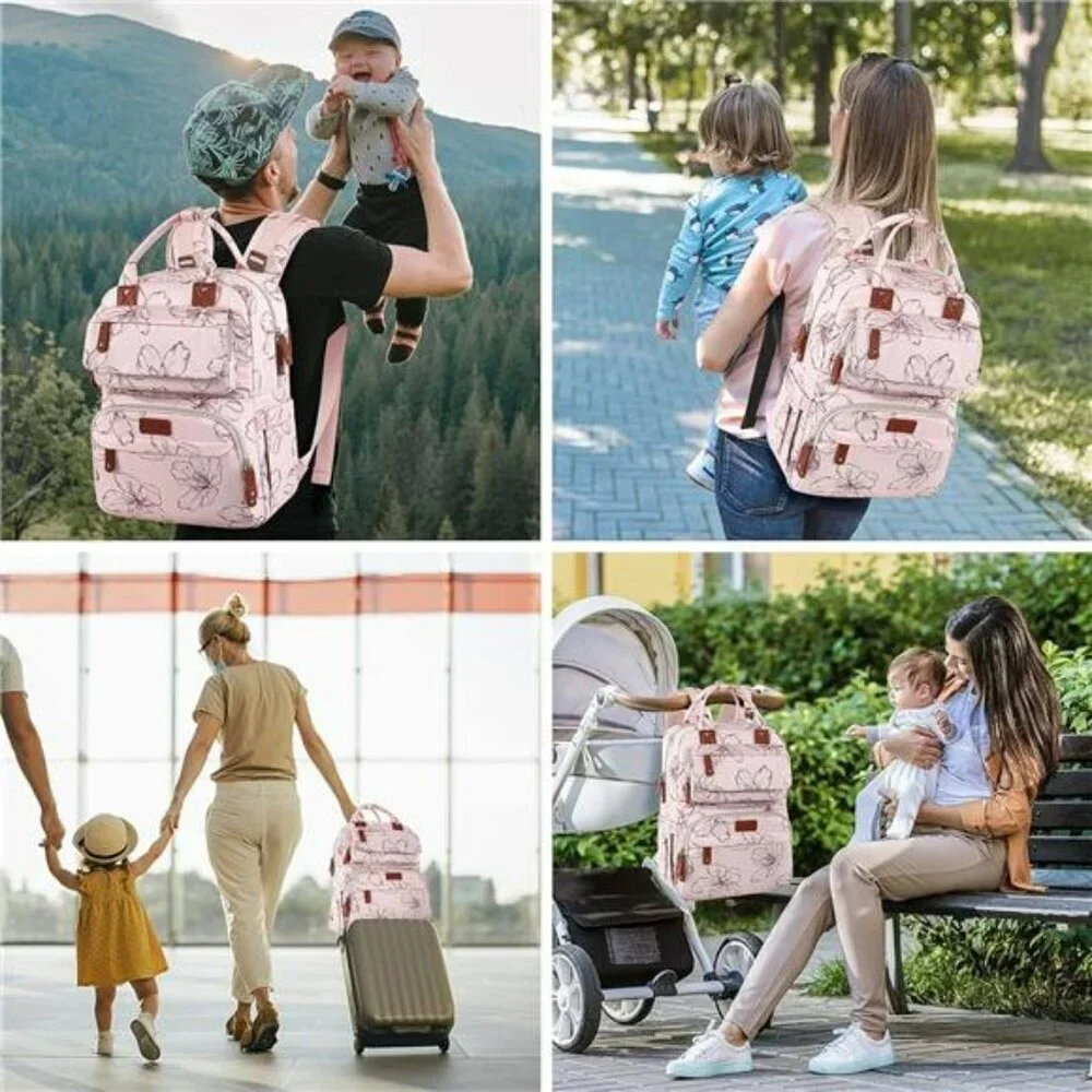 Large Pink Floral Diaper Bag Backpack Baby Girl Travel Organizer with Pockets